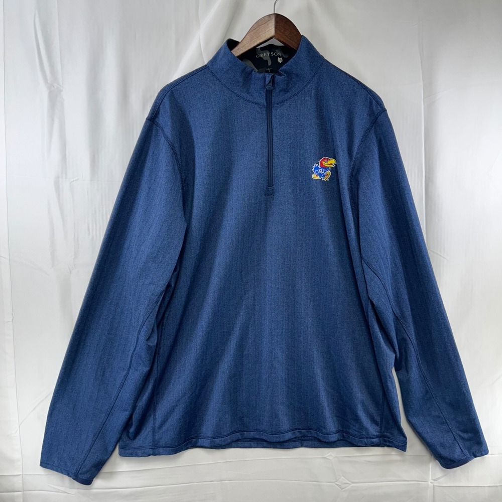 Greyson Kansas Jayhawks Quarter Zip Pullover Mens XXL Blue Herringbone *